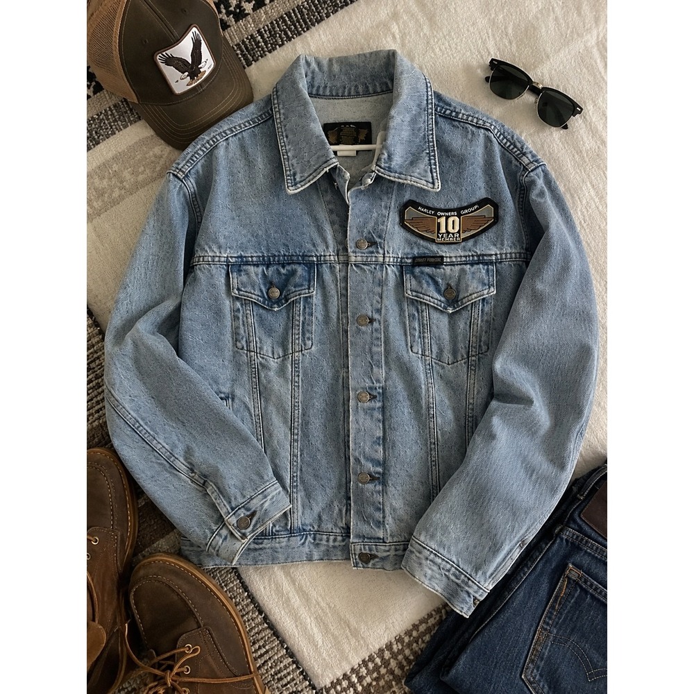 Harley Davidson Denim Jacket Mens Large Light Wash HOG 10 Year Member Patch